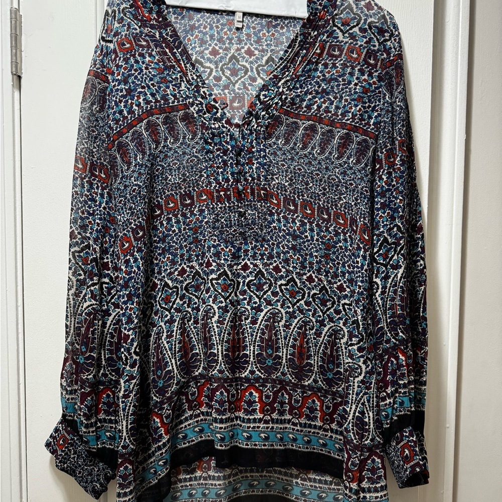 Joie Gray and Blue Long Sleeve Embellished Blouse